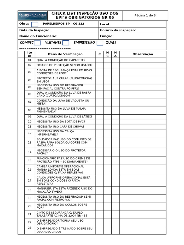 Check List de Inspeção de EPIs NR 06 | PDF