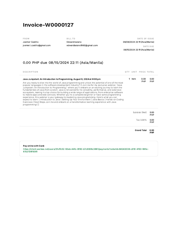 Java Jumpstart Webinar Invoice | PDF | Computer Programming | Php