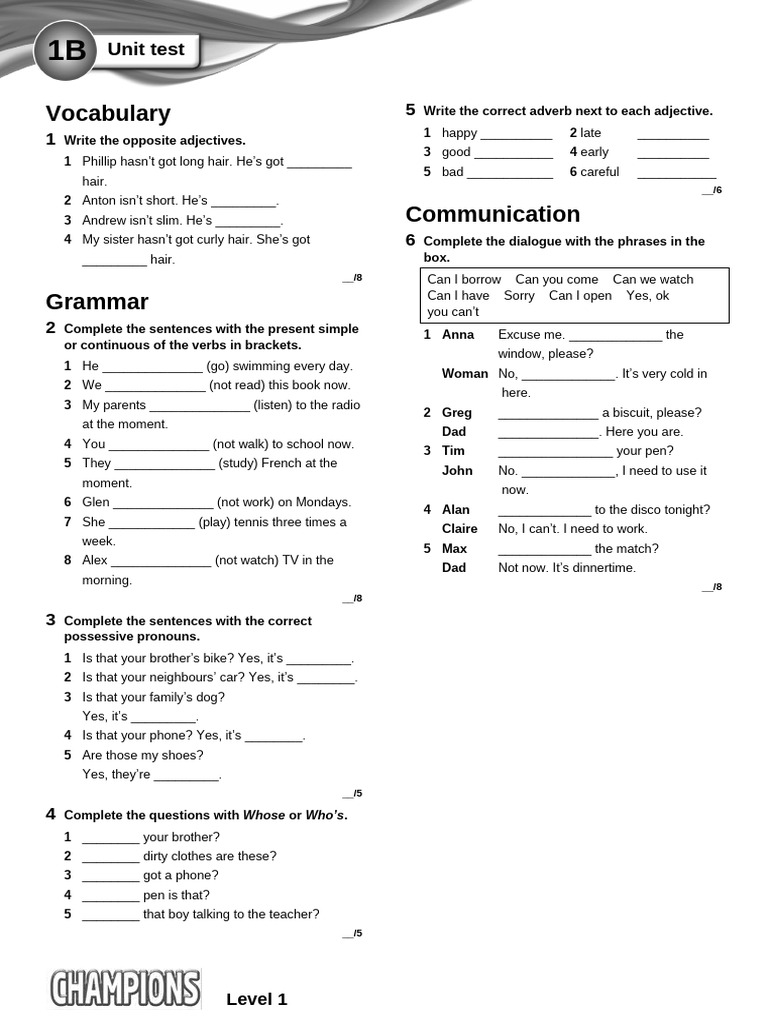 Champions Level 1 Unit Test 1 B Pdf Language Mechanics Linguistics