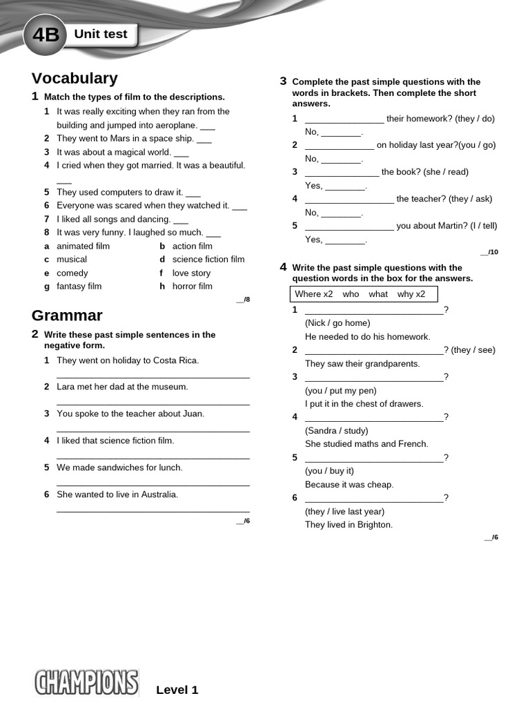 Level 1 Unit Test: Film Vocabulary & Grammar | PDF