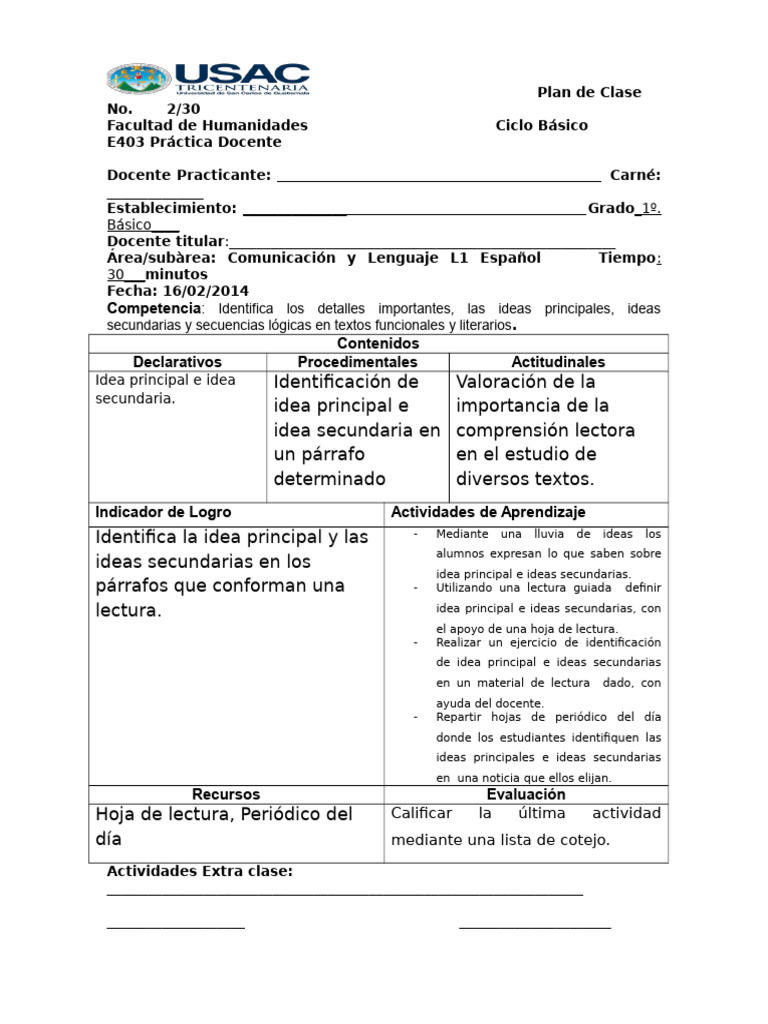 Ejemplo de Plan de Clase | PDF | Comprensión lectora | Comunicación humana