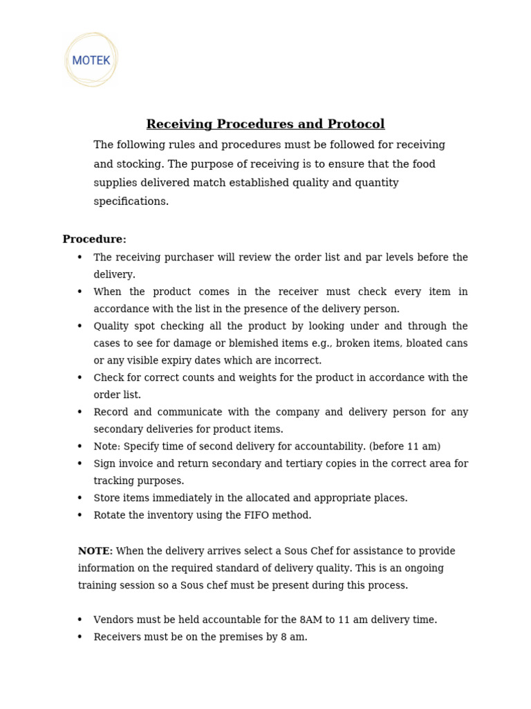Receiving Procedures for Food Supplies | PDF | Inventory