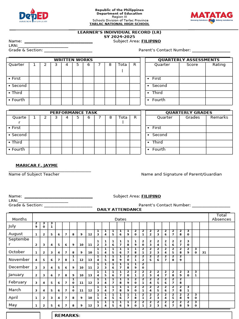 2024 2025 Individual Learners Record LR M JAYME | PDF | Human ...