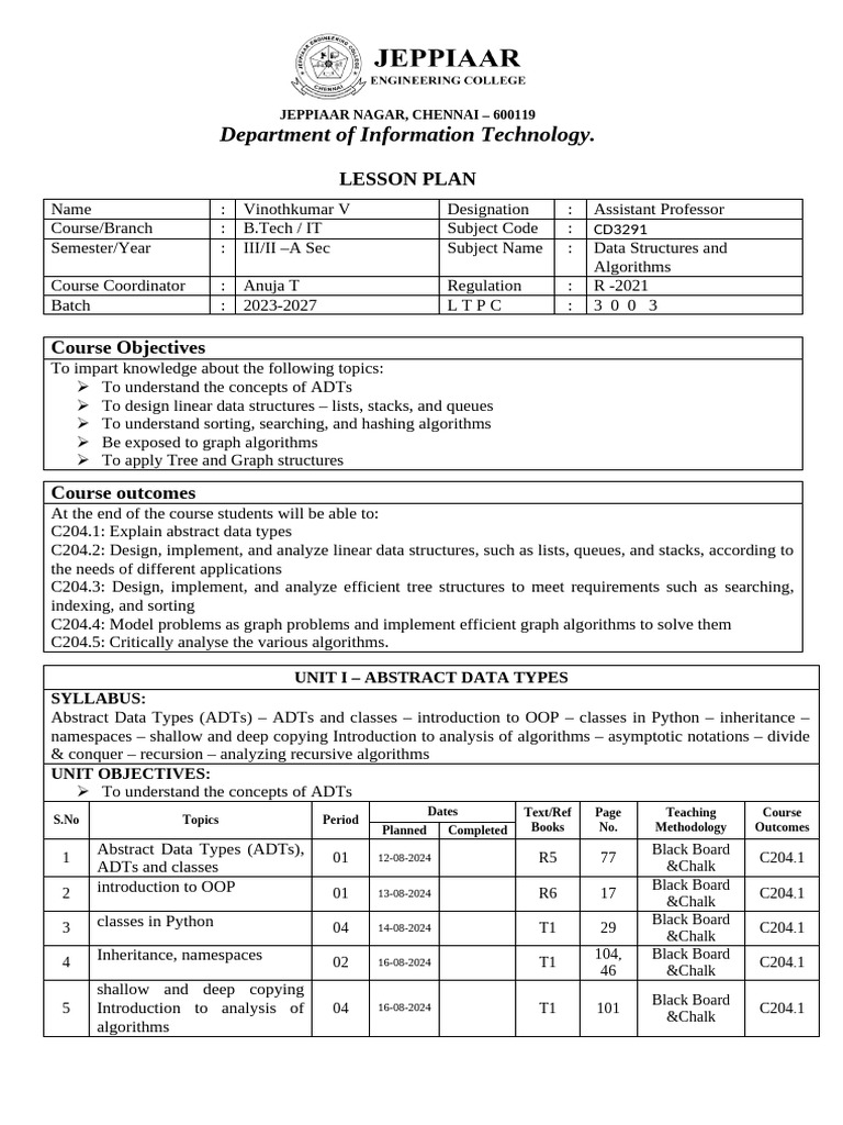 DSA Lesson Plan CD3291 JEC | PDF | Computer Science | Algorithms And ...