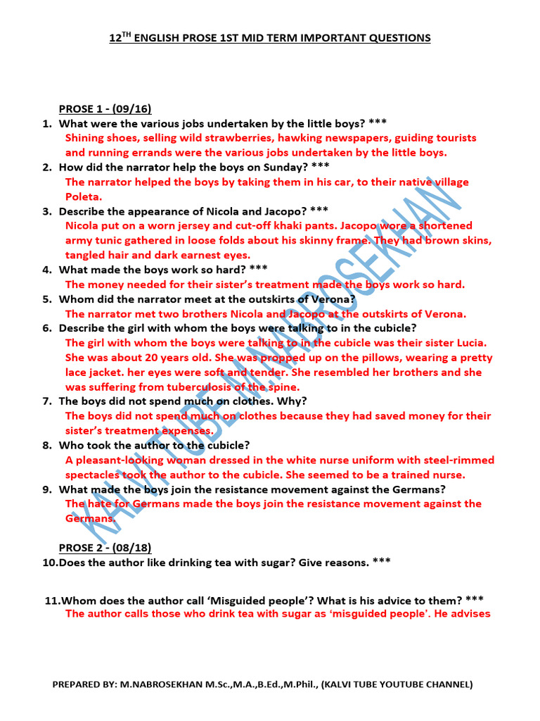 12th English 1st Mid Term Imp Qns | PDF | Tea | Fashion