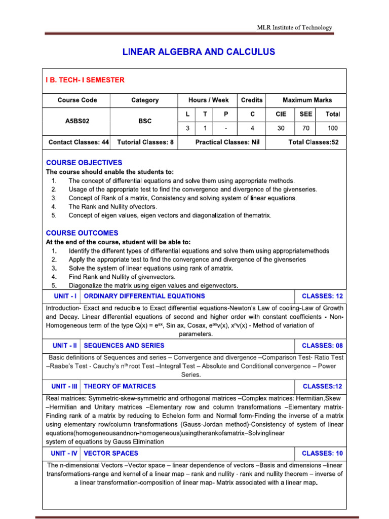 Linear algebra and calculus pdf