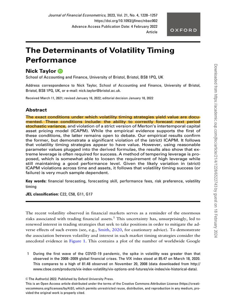 Taylor - 2023 - The Determinants of Volatility Timing Performance | PDF ...