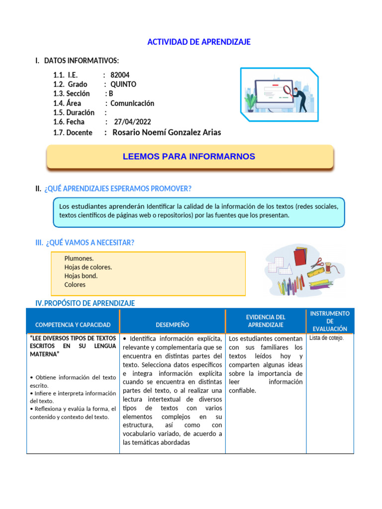 D1 A1 Sesion Leemos para Informarnos | PDF | Información | Aprendizaje