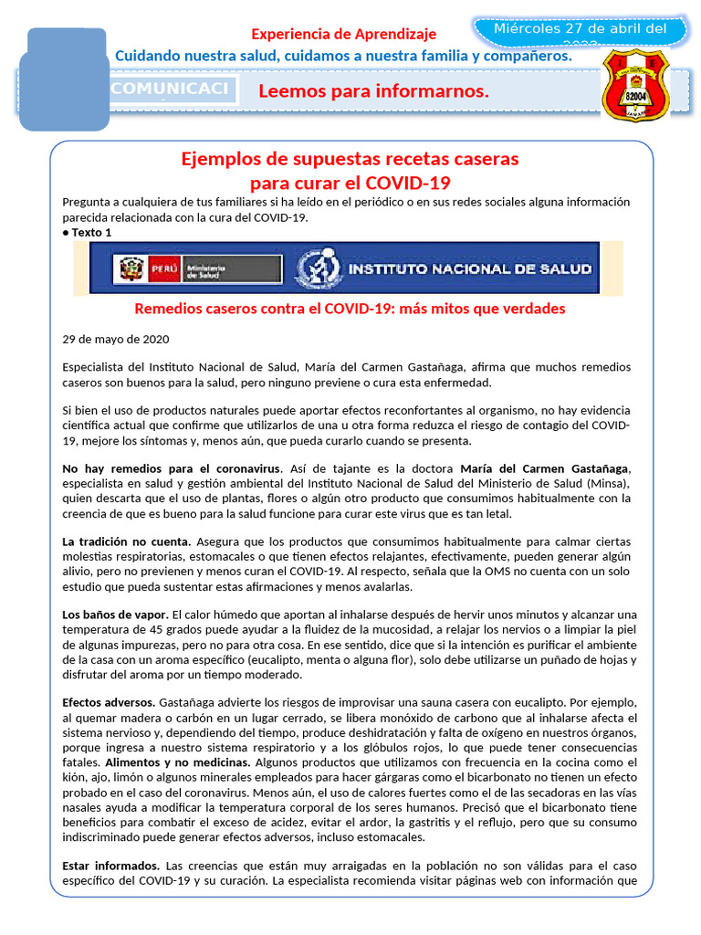 D1 A1 FICHA Leemos para Informarnos | PDF | Organización Panamericana ...