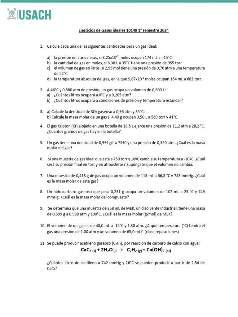 Guía 4, Ejercicios de Gases Ideales 10149 2024 | PDF | Gases | Oxígeno