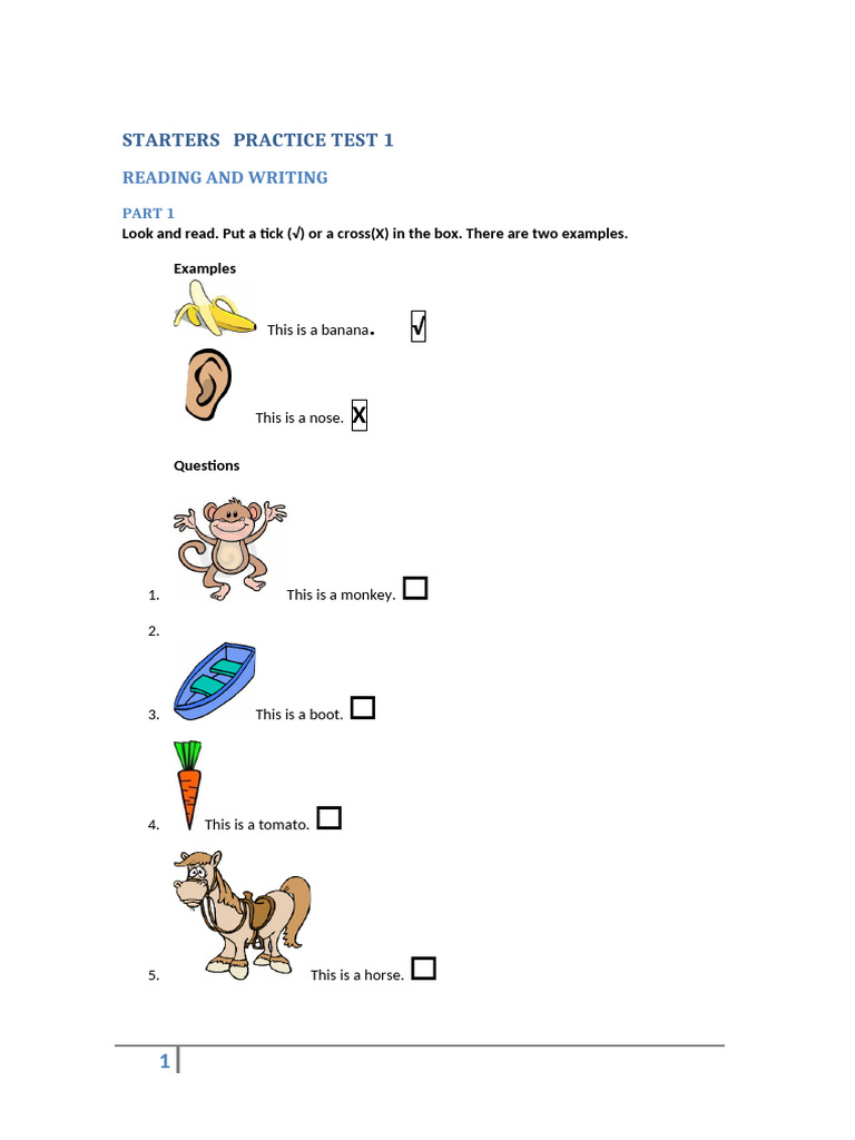 Starters Reading and Writing Practice Test | PDF