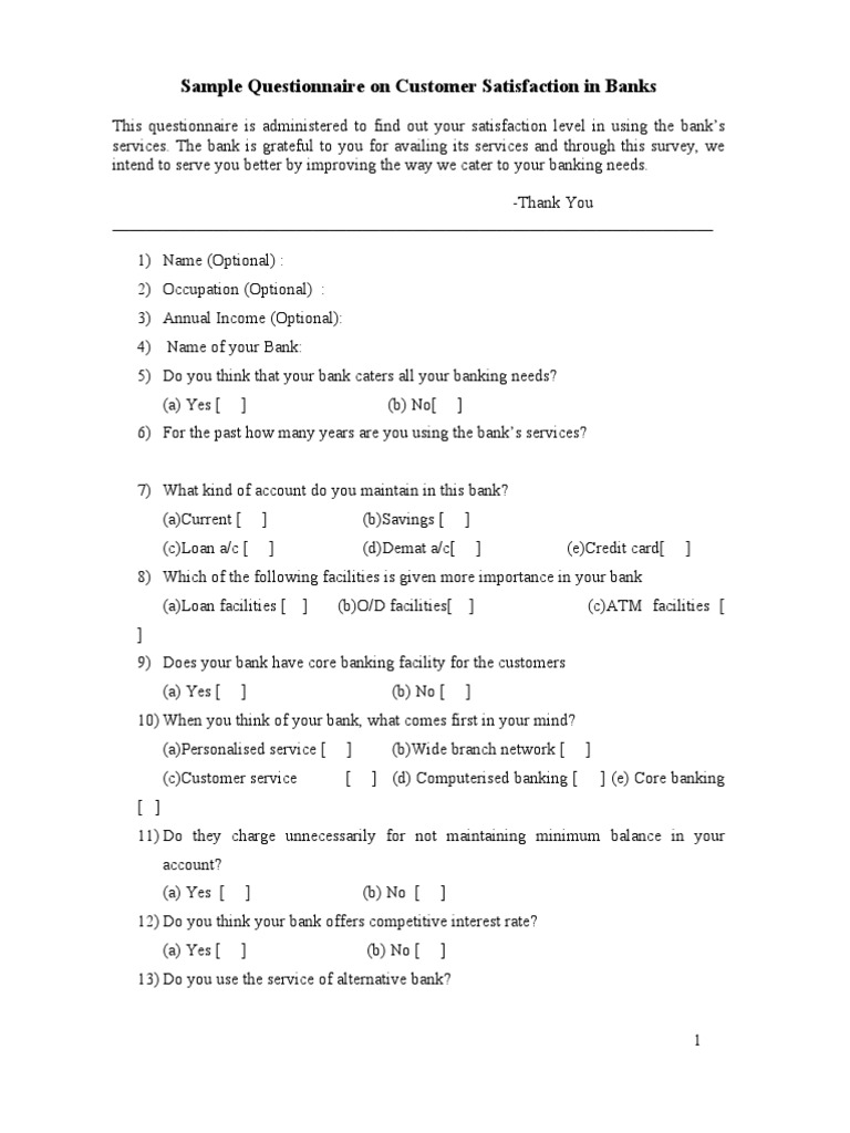 Sample Questionnaire On Customer Satisfaction In Banks Credit