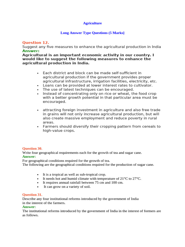 Agriculture Long Questions Pdf Agriculture Intensive Farming