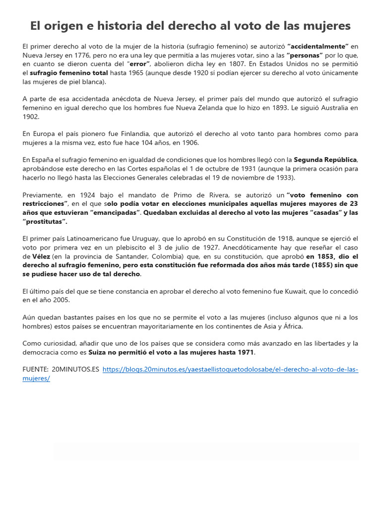 Derecho Al Voto de La Mujer | PDF | Sufragio de las mujeres | Sufragio