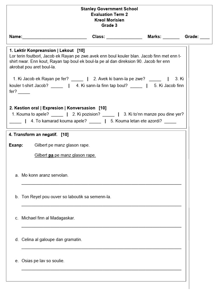 Grade 3 Kreol Morisien Evaluation | PDF | Language Arts & Discipline