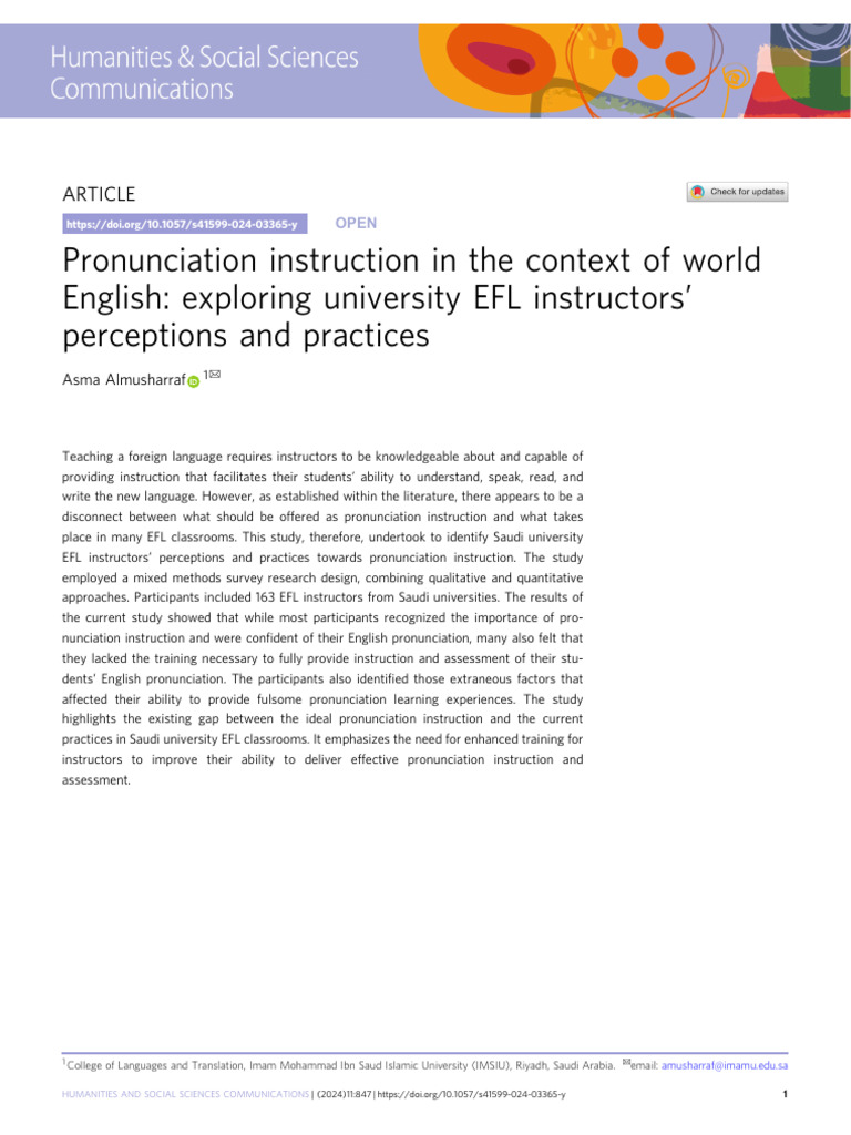 EFL Instructors' Pronunciation Practices | PDF | English As A Second Or ...