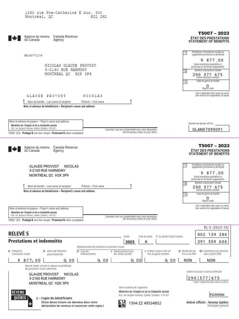 Relevé 5 et T5007 : Aide sociale 2023 | PDF | Québec | Finance publique