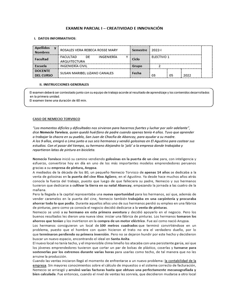 Examen Parcial I - Creatividad e Innovacion - Caso 2 | PDF