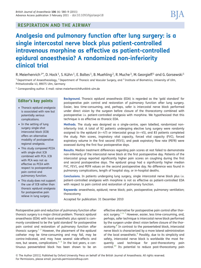 Analgesia and Pulmonary Function After Lung Surger | PDF | Anesthesia ...