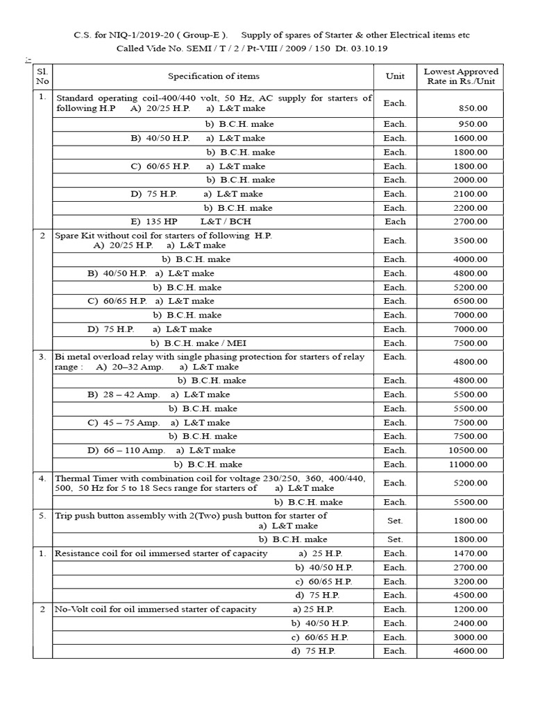 Approved Rate Group E Supply of Spares of Starter & Other Electrical ...