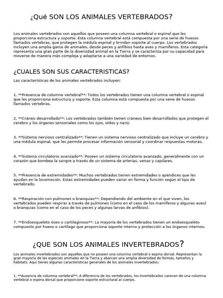 Características de Vertebrados e Invertebrados | PDF | Vertebrados | La ...
