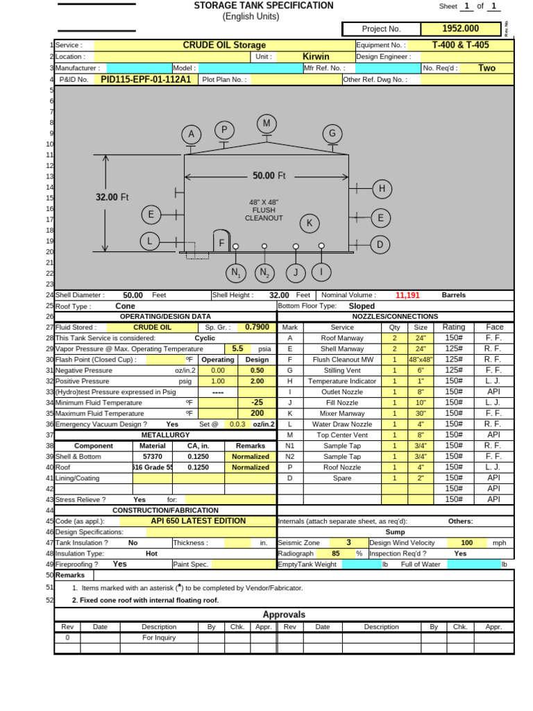 API 650 Tank Design Calculations | PDF | Nozzle | Stress (Mechanics)