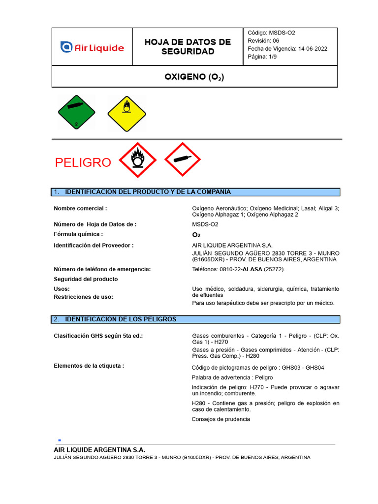Msds O2 | PDF | Agua | Incendios