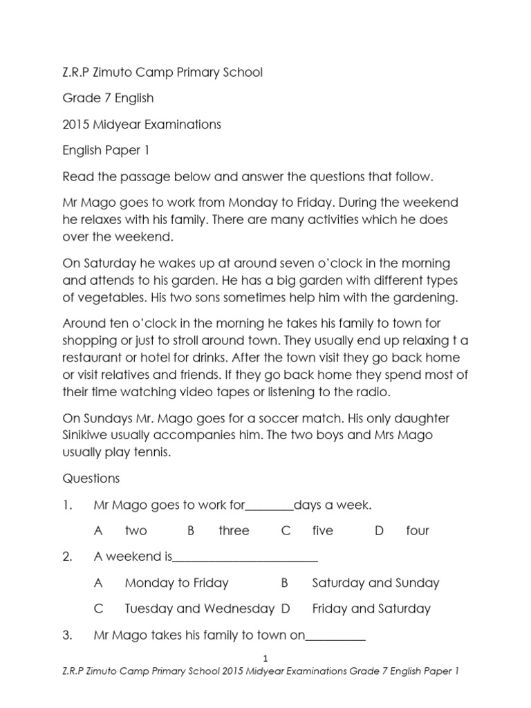 Grade 7 English Exam Paper 2015 | PDF | Money