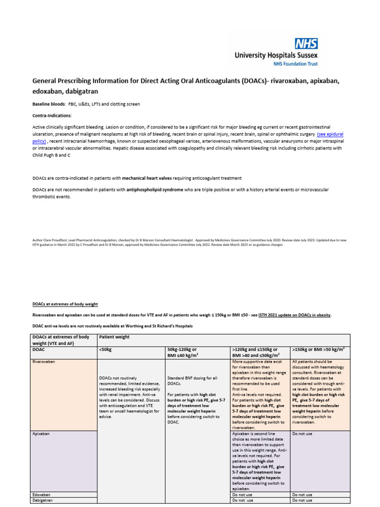 DOACs General Prescribing Information 2022 | PDF | Diseases And ...