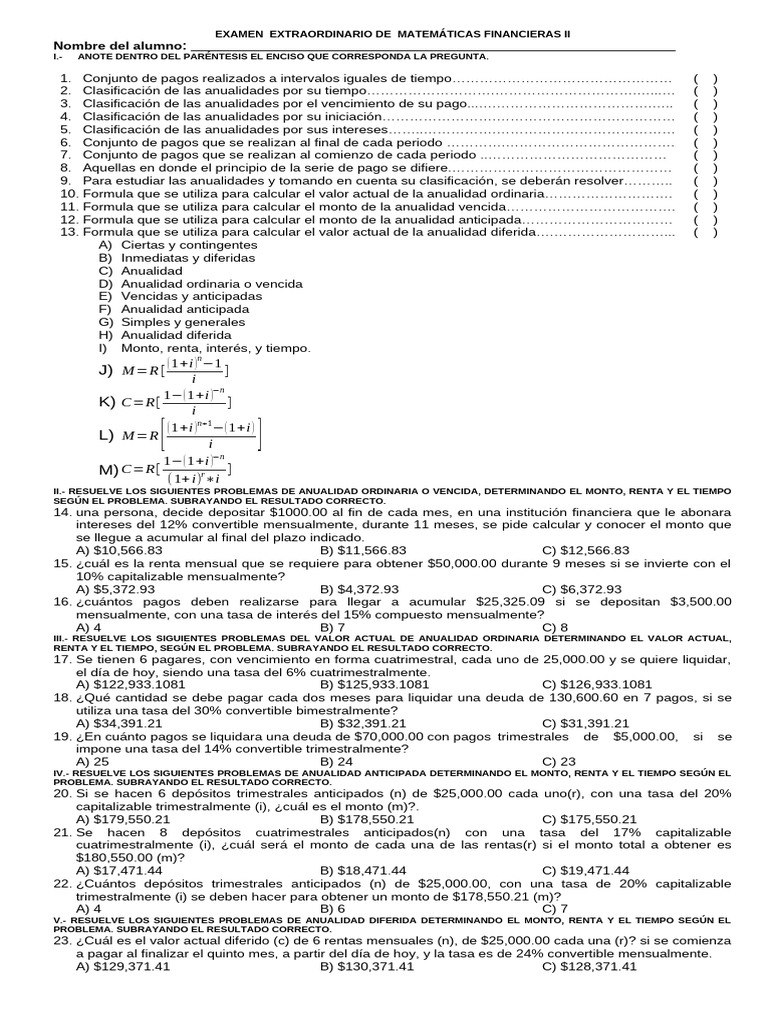 Examen Extraordinario Matemáticas Financieras II | PDF | Finanzas y dinero
