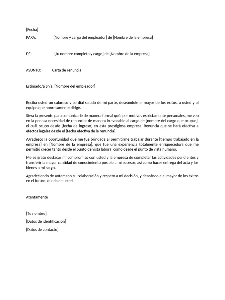 Carta de renuncia por motivos personales | PDF
