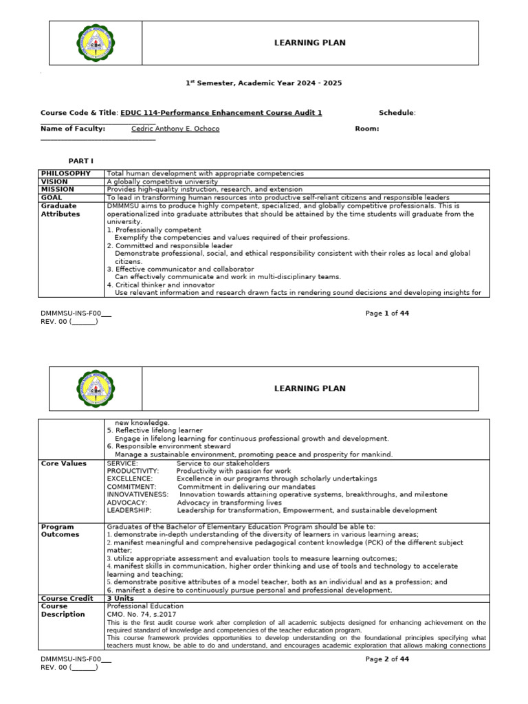 Updated PECA 1 Learning Plan With SDGs | PDF | Earth Sciences | Mathematics