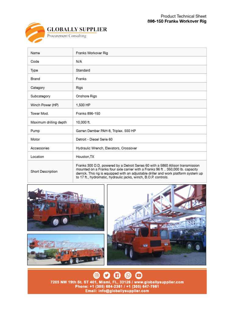 Franks 896-150 Workover Rig Specs | PDF | Home & Garden