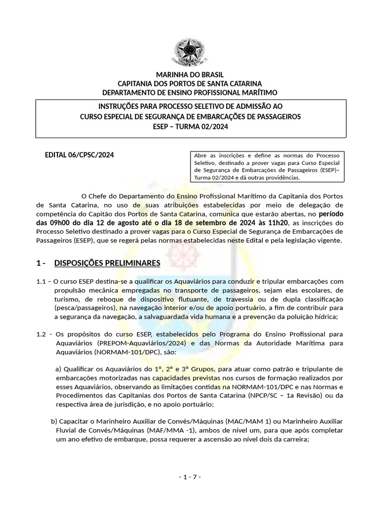 Inscrições para Curso ESEP 2024 em SC | PDF