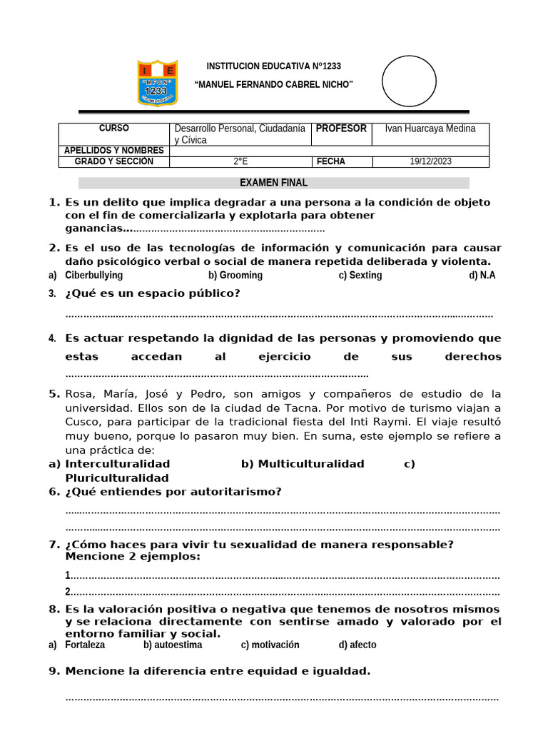 Examen Final de Desarrollo Personal | PDF | Ciencias sociales