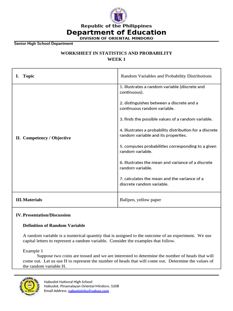 Statistics Random Variables Overview Pdf Probability Distribution