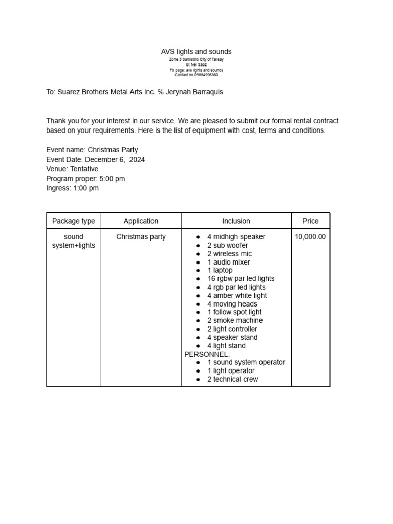 AVS Lights & Sounds Rental Contract | PDF | Audio Engineering | Sound ...
