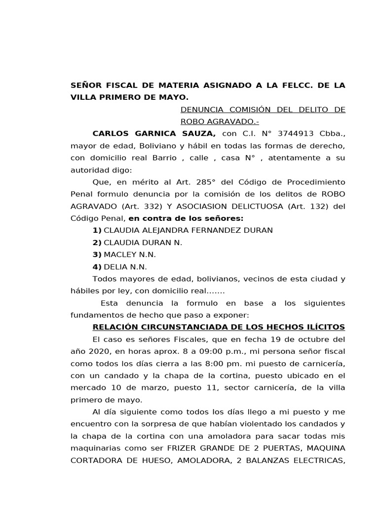 Denuncia de Robo Agravado de Carlos Garnica | PDF | Justicia | Crimen y ...