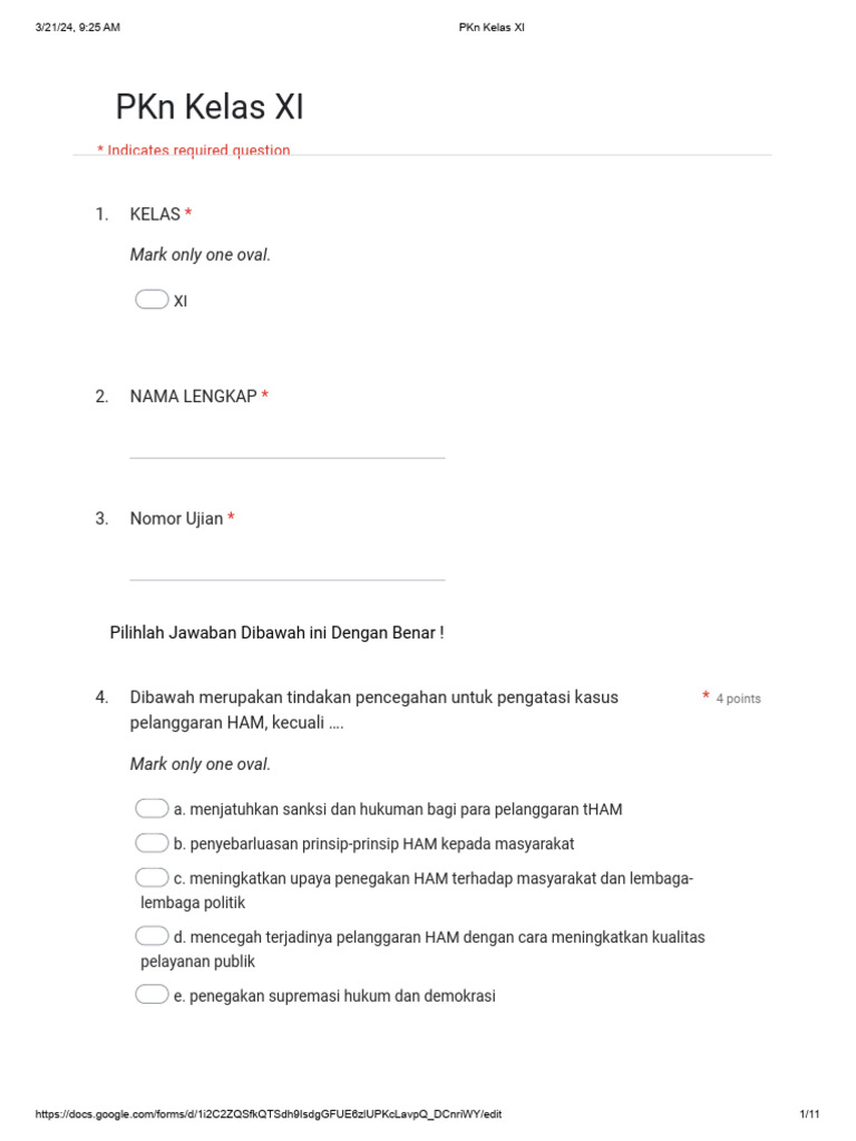 PTS PKN XI - Google Forms | PDF