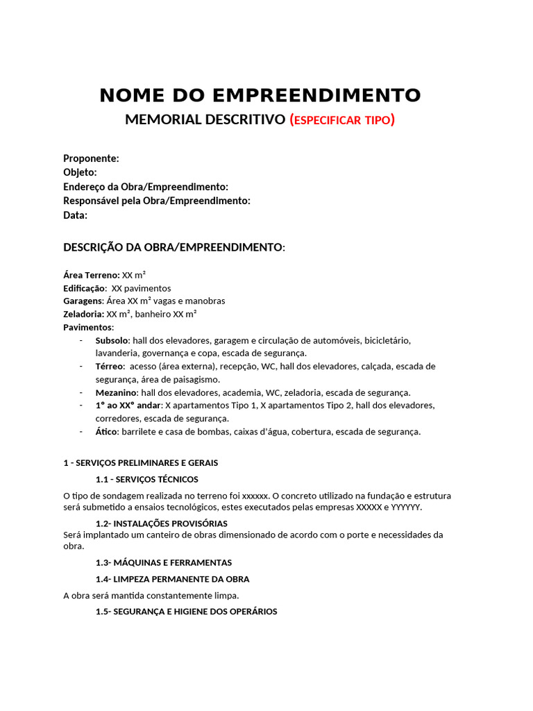 Modelo de Memorial Descritivo de Obra | PDF | Casa e Jardim