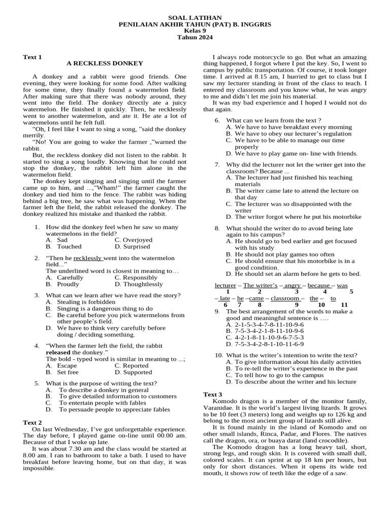 Soal Latihan Pat B Inggris Kelas 9 2024 Pdf Komodo Dragon Venice