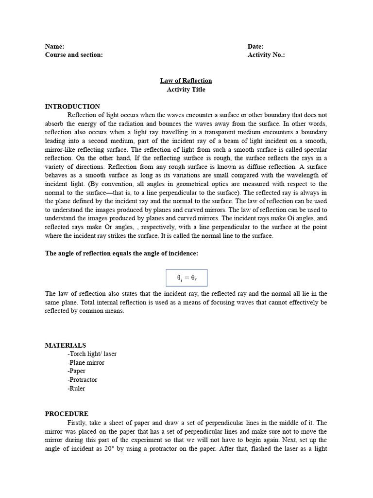 Understanding the Law of Reflection | PDF | Reflection (Physics ...