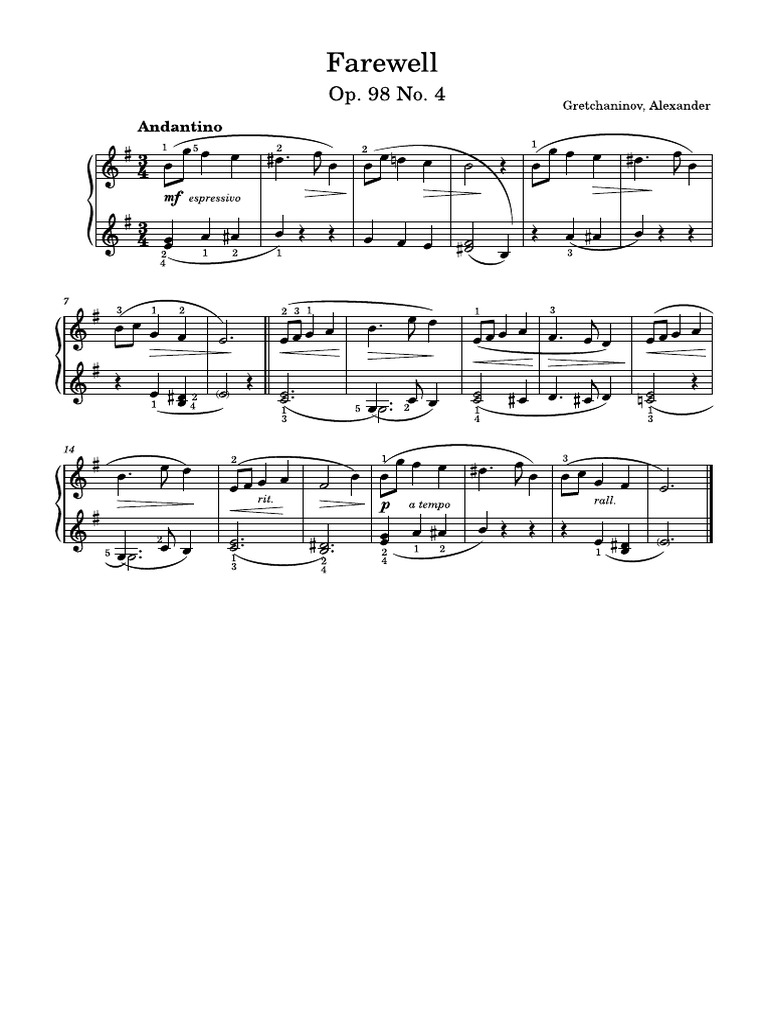 Farewell Op 98 No 4 - Alexander Grechaninov | PDF