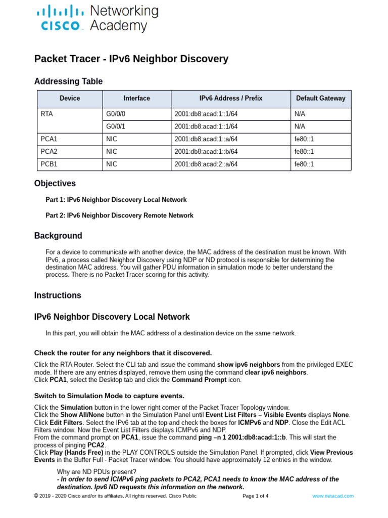 9.3.4 Packet Tracer - IPv6 Neighbor Discovery-1-1 | PDF | I Pv6 ...