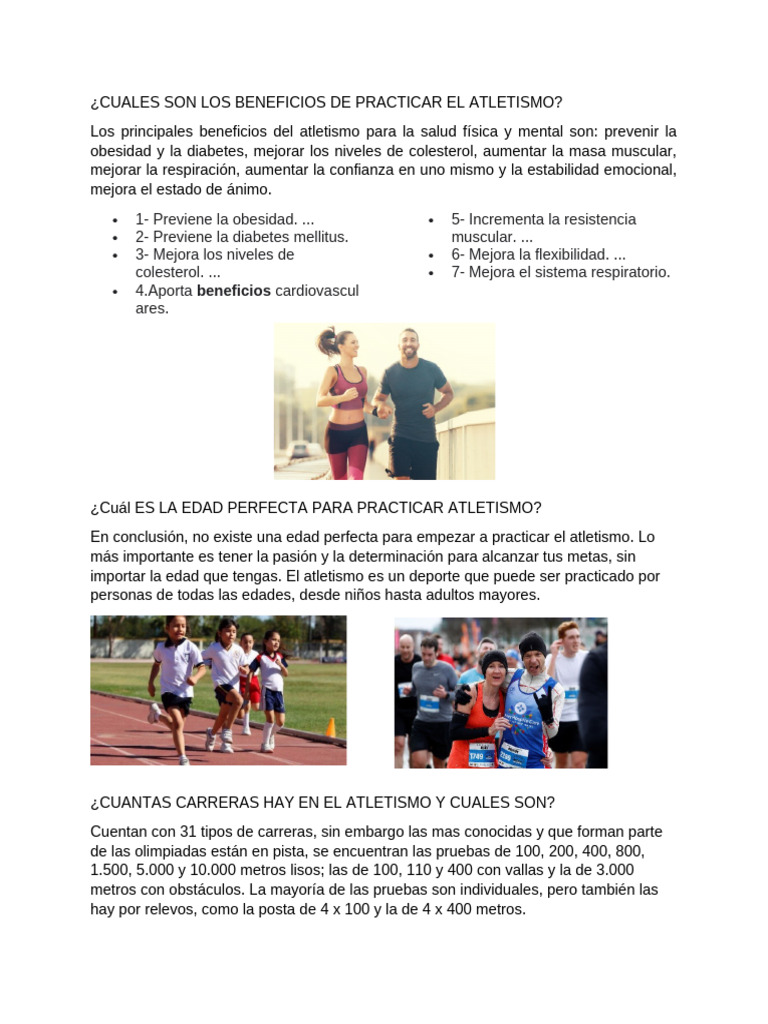 Beneficios y Pruebas del Atletismo | PDF | Deporte del atletismo | Carreras