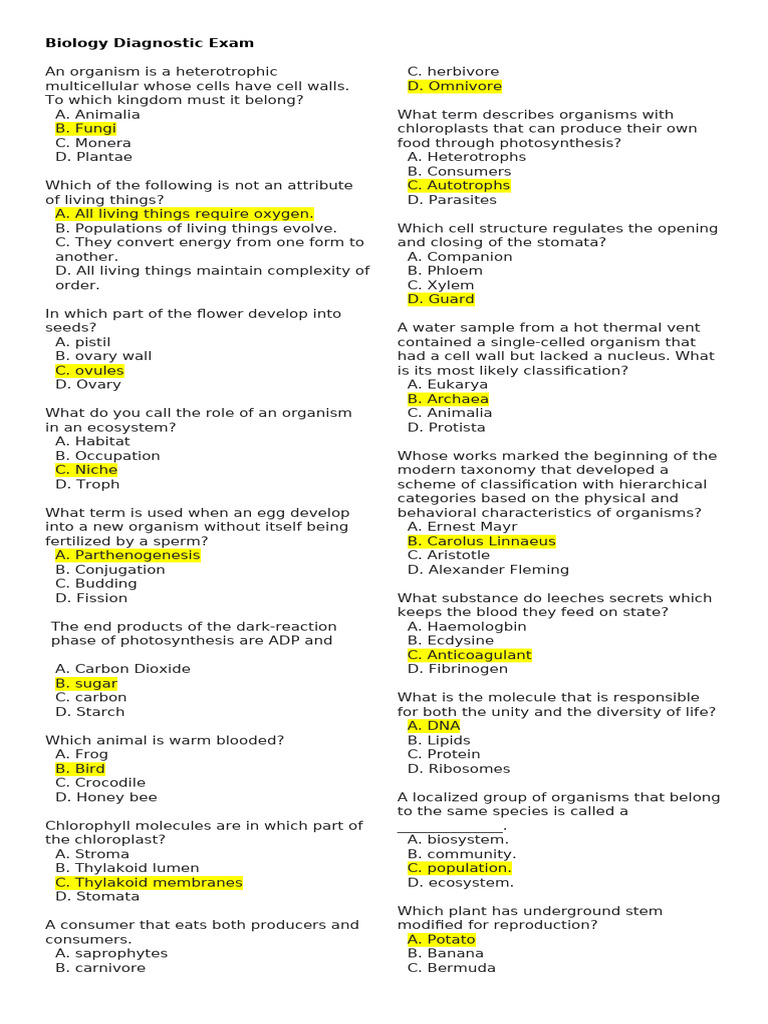 Biology Diagnostic Exam | PDF | Biology | Cell (Biology)