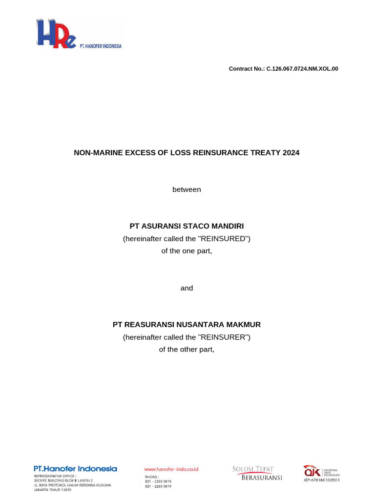 Non-Marine XOL Reinsurance Treaty 2024 | PDF | Reinsurance | Insurance