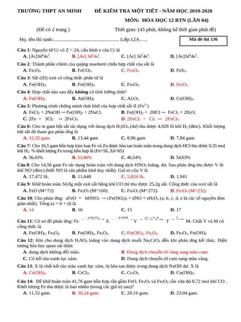 De Thi Giua Ki 2 Hoa 12 de 1 | PDF