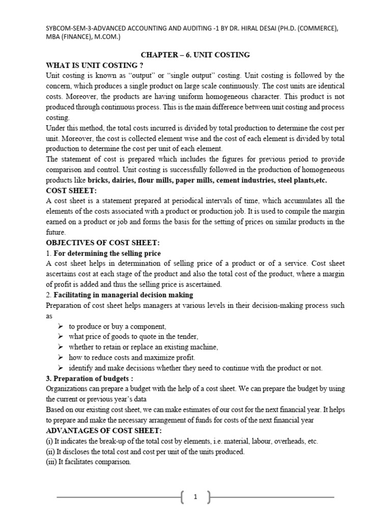 Unit Costing and Cost Sheet Overview | PDF | Cost Of Goods Sold | Cost