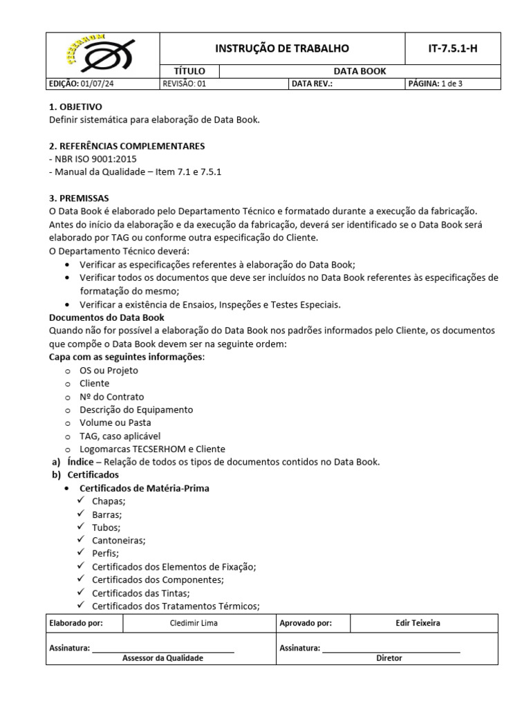 Elaboração de Data Book: Instruções e Normas | PDF
